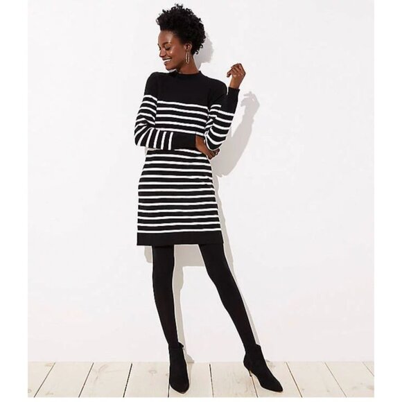New! LOFT Size Medium Black and White Striped Knit Sweater Dress MSRP $99 Cotton - Picture 1 of 6